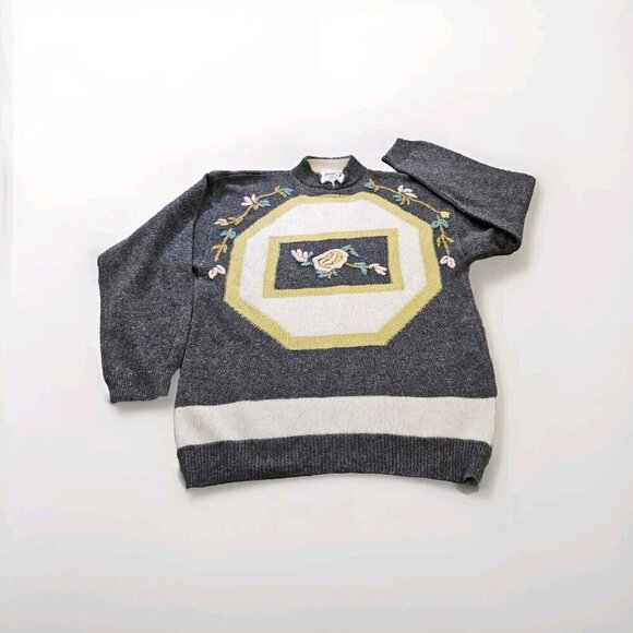 Point Sweater Women M/L Gray Floral Embroidery Italy LS Crewneck Wool Blend Boho - Picture 1 of 11